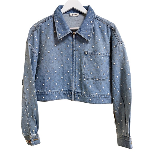 NWT Sandro Embellished Denim Jacket Pearl Crystal Studded Blue Cropped Sz 4 - Picture 5 of 14
